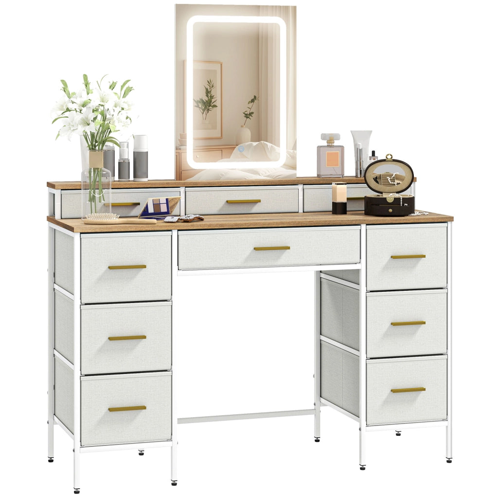 Toilette con specchio LED 3 colori ¨C Xylo ¨C 10 cassetti tessuto 118,5x39,5x140cm naturale