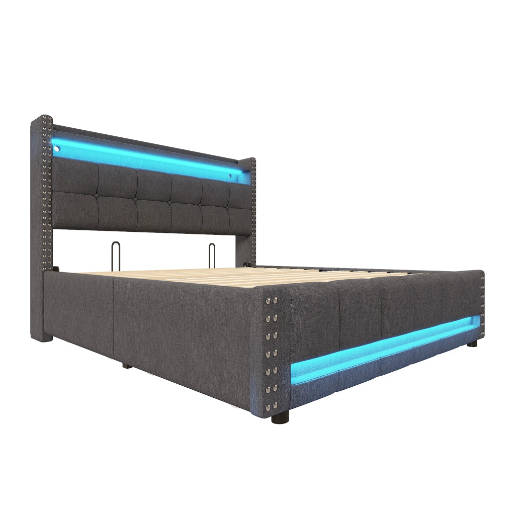 LETTO imbottito 160x200 cm Grigio con LED, USB, cassetti e ripiani