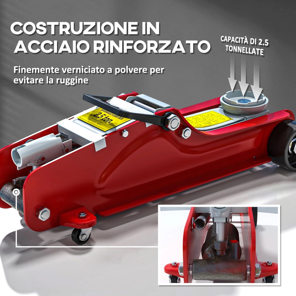 Cric Idraulico Auto con Sollevamento 8-38cm in Acciaio Rinforzato Capacità 2.5 t Rosso