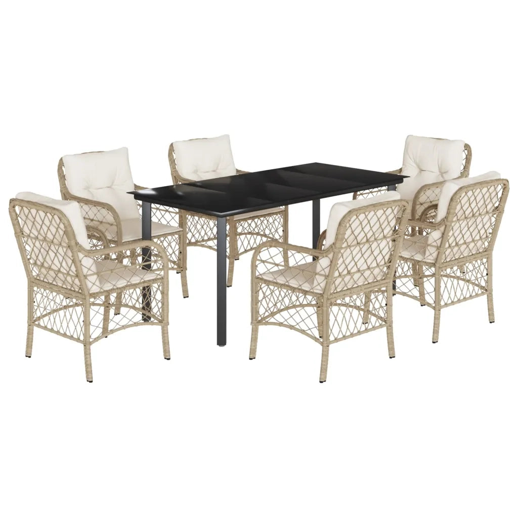 Set da Pranzo da Giardino 7 pz con Cuscini Beige in Polyrattan