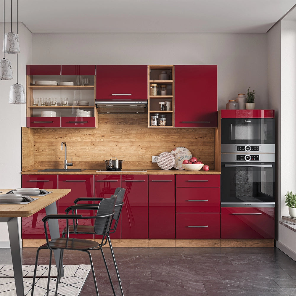 Cucina componibile Fame-Line Bordeaux lucido/Rovere dorato 280 cm, PL Rovere Vicco