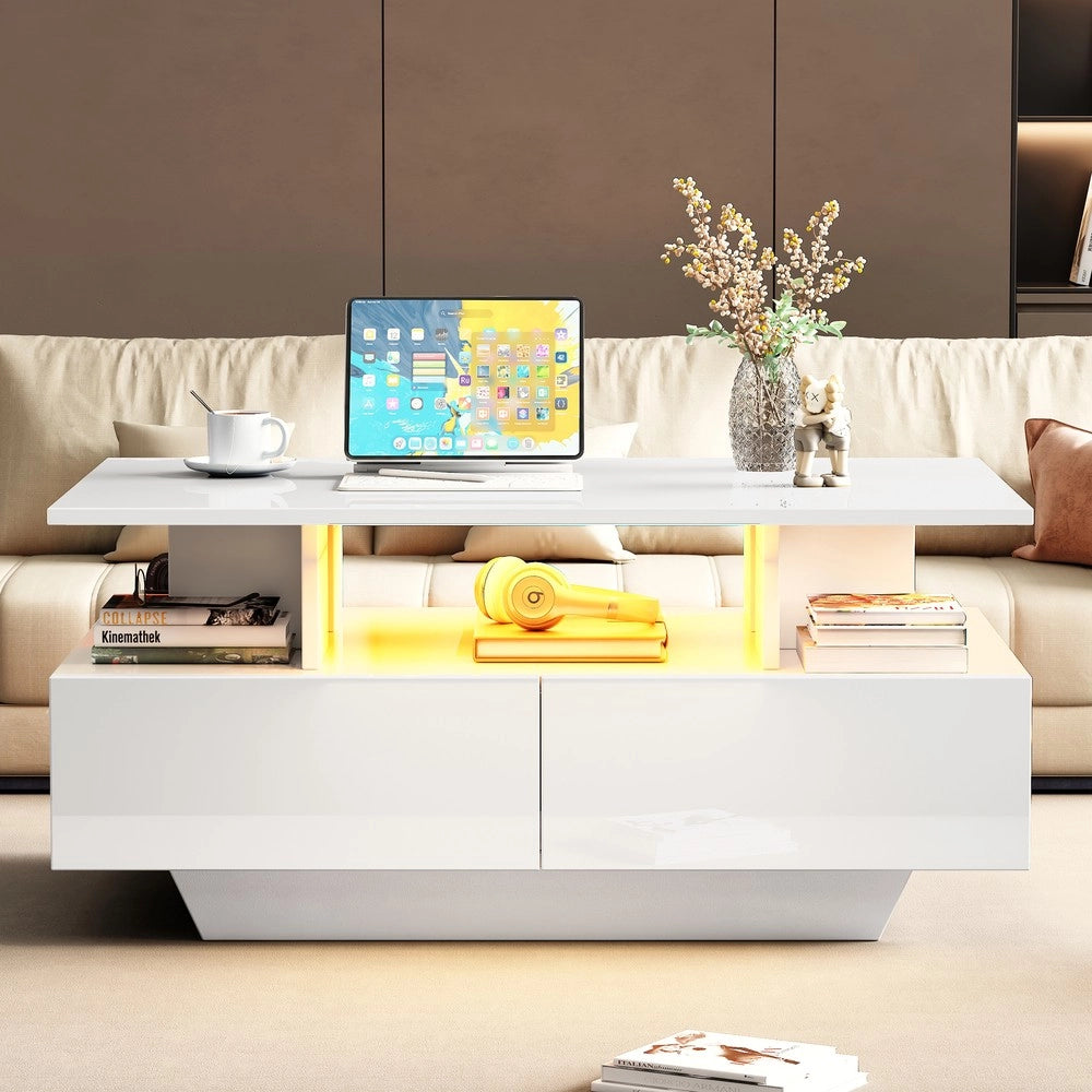 Tavolino da Caff¨¨ con LED e 2 Cassetti ¨C MINIMAL ¨C Lucido Bianco 90x55x41
