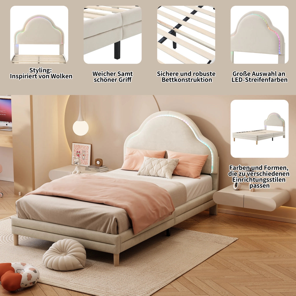 Letto Singolo Imbottito con Testiera LED a Nuvola ¨C MINIMAL ¨C Velluto Beige 90x200
