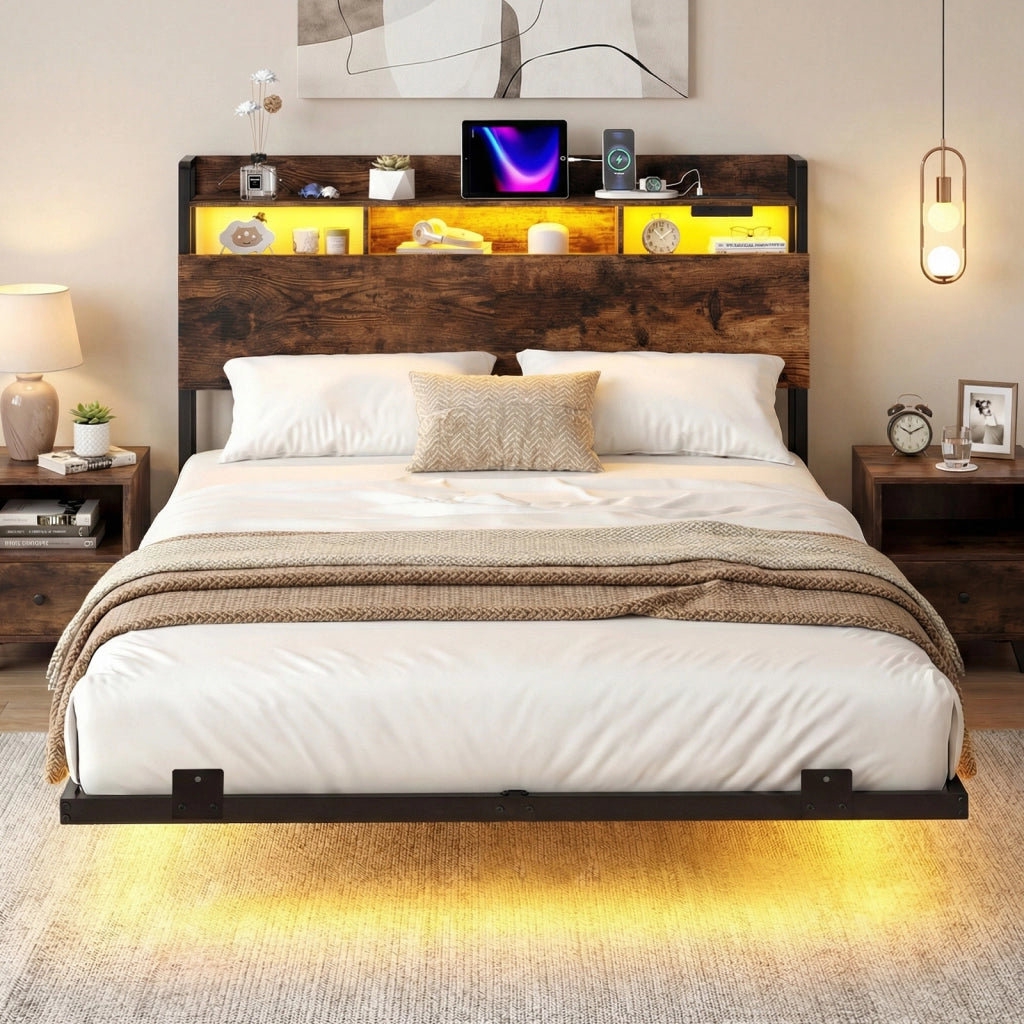 Struttura letto fluttuante matrimoniale con luci led, Letto industriale in metallo con contenitore robusto senza rete a molle Marrone
