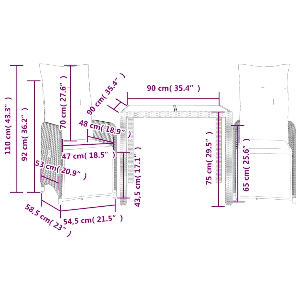 Set Bistrò da Giardino 3 pz con Cuscini in Polyrattan Grigio