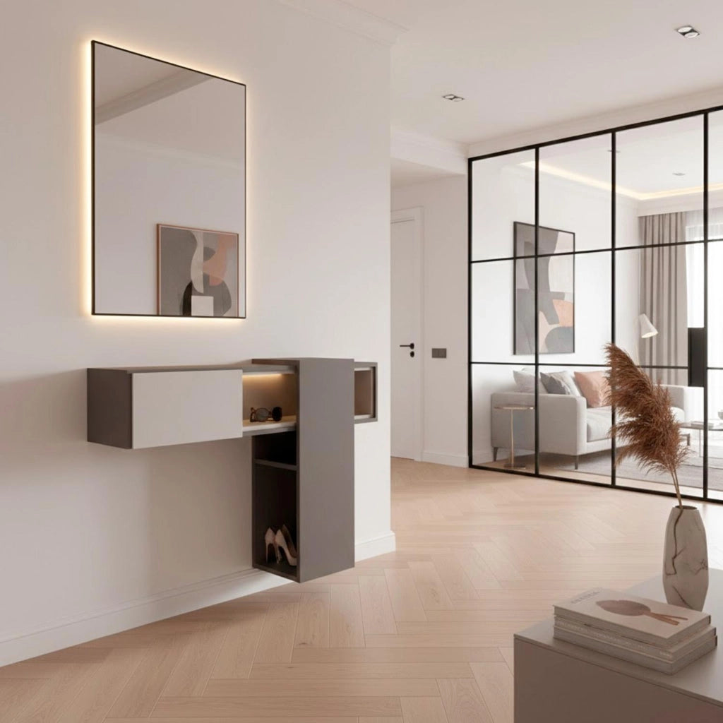 Mobile Da Ingresso Con Ripiani Scorrevoli Mensola Sospesa E Specchio Per Arredo Sala 100 X 31.5 X 75 Cm Grigio Scuro E Grigio Chiaro