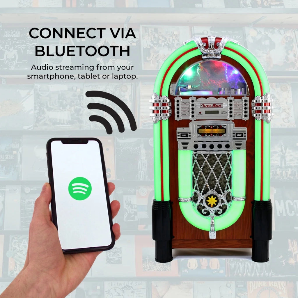 Jukebox Retro Anni 50 con CD, USB, Memory Cards SD/MMC, Radio, Bluetooth e Aux