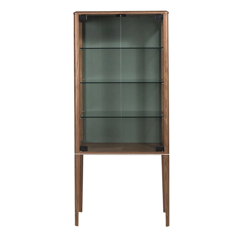 Credenza alta in vetro temperato e noce con illuminazione interna