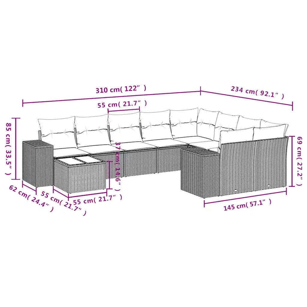 Set Divani da Giardino 10pz con Cuscini in Polyrattan Marrone 3255400
