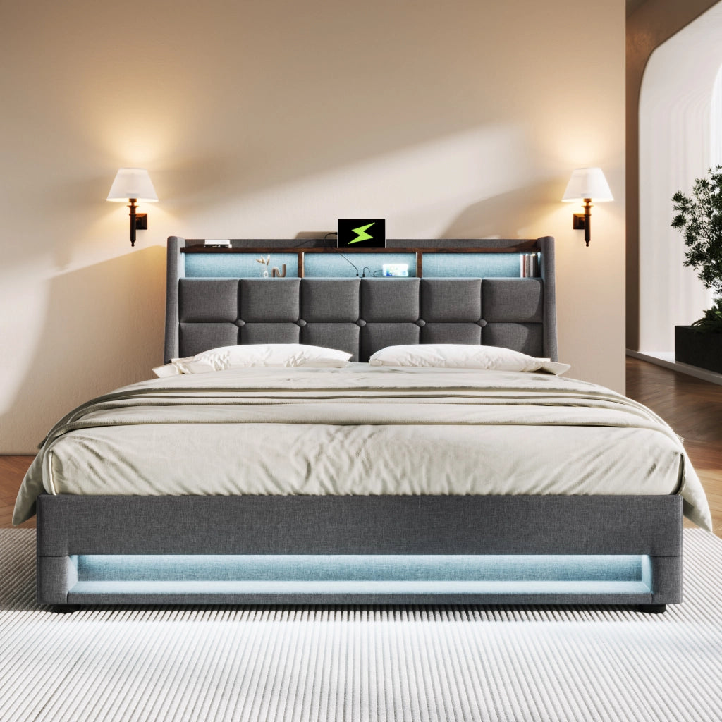 LETTO Contenitore 140x200 cm Grigio in Lino con USB e LED