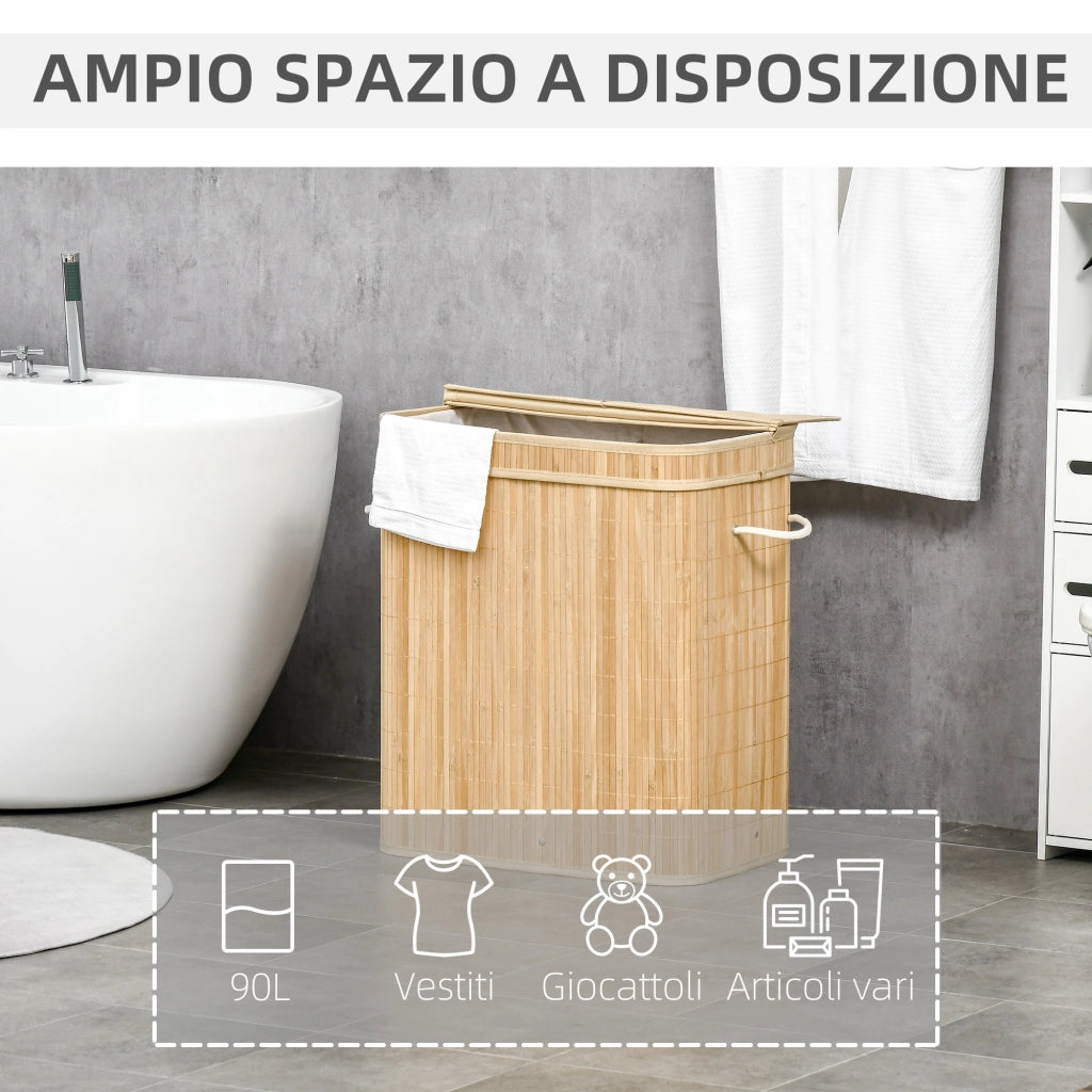 Cesto Portabiancheria Pieghevole in Bamb¨´ con 2 Scomparti e Coperchio ¨C Zephmum ¨C Bianco Naturale
