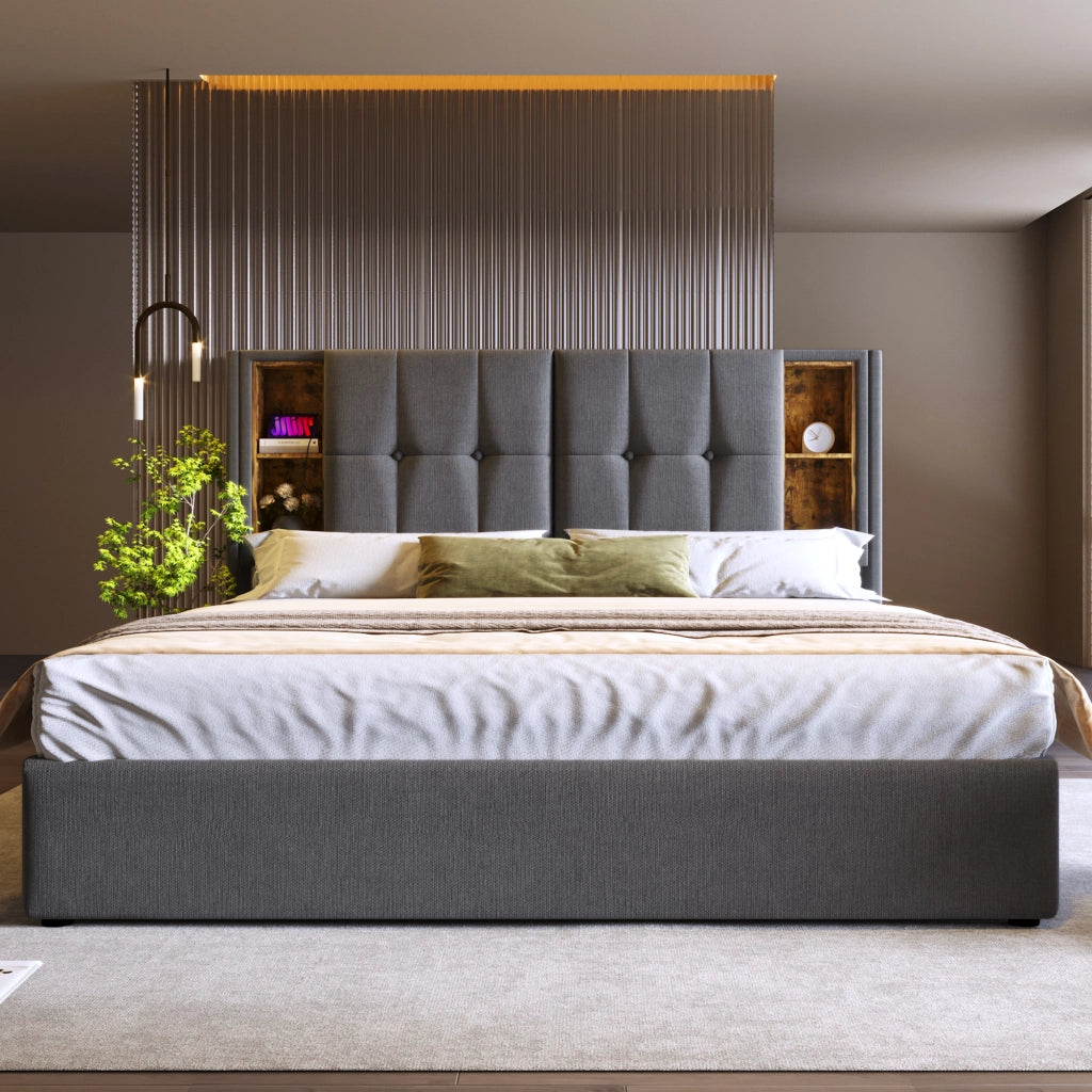 LETTO Contenitore 160x200 cm con ricarica wireless, Grigio, Cotone