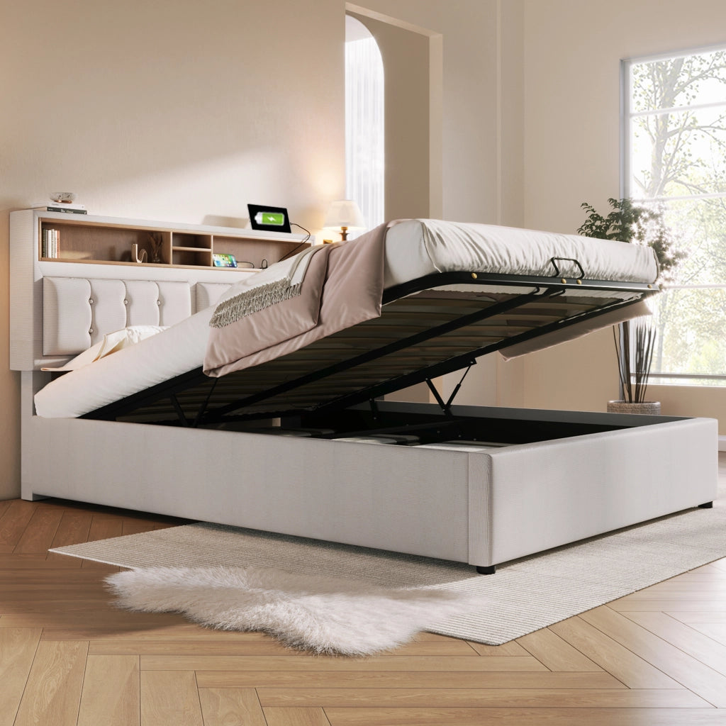 LETTO imbottito contenitore 160x200 cm in lino beige con USB e presa