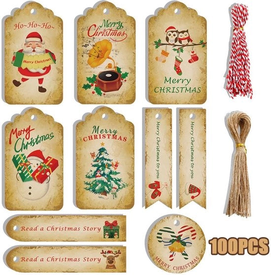 Etichette per regali 100 pezzi - Carta Kraft - Etichette per regali - Corda di cotone - 10 diversi modelli