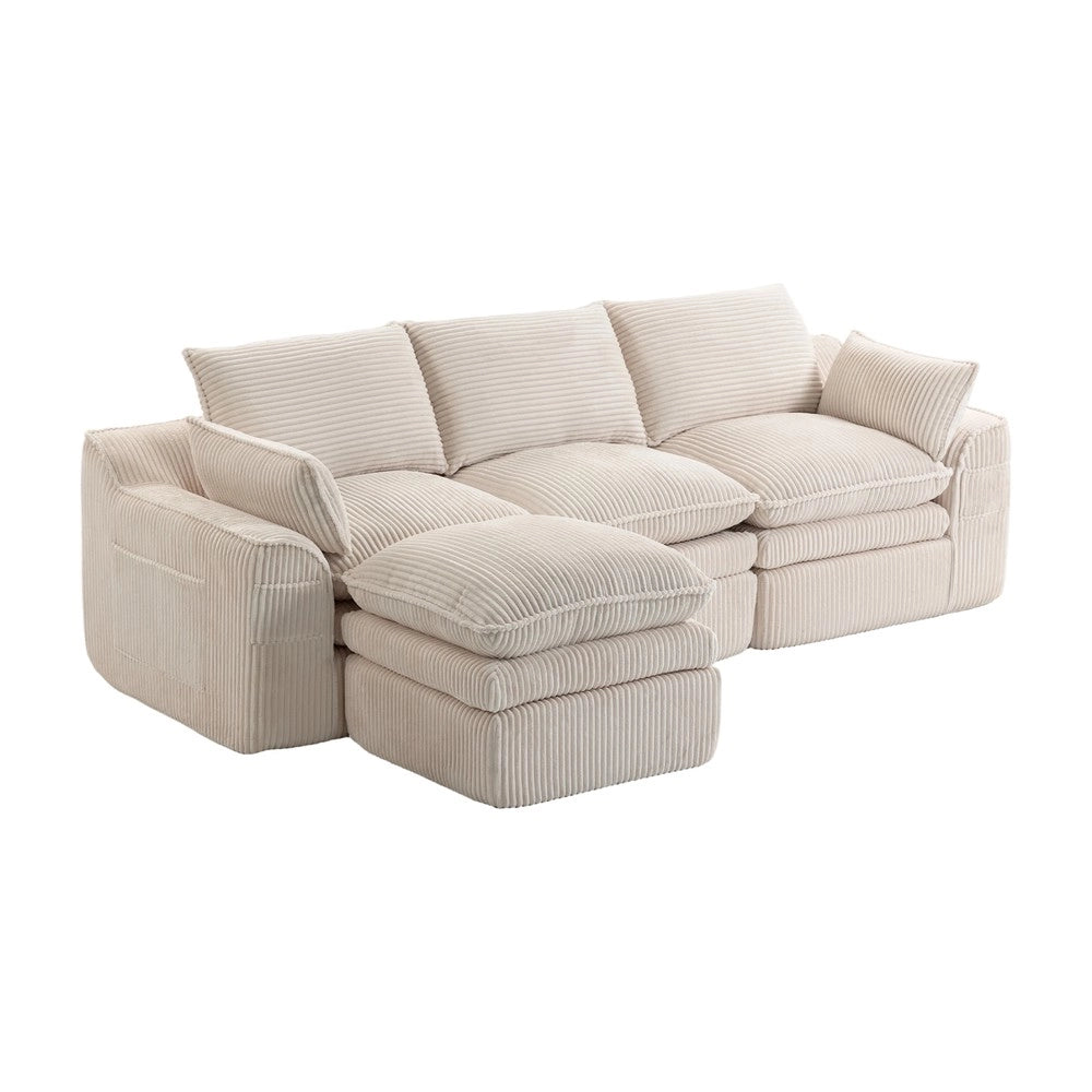 Divano modulare 3 posti con pouf - Zephmum - Beige - Cuscini e tasche laterali, schiuma a 3 strati