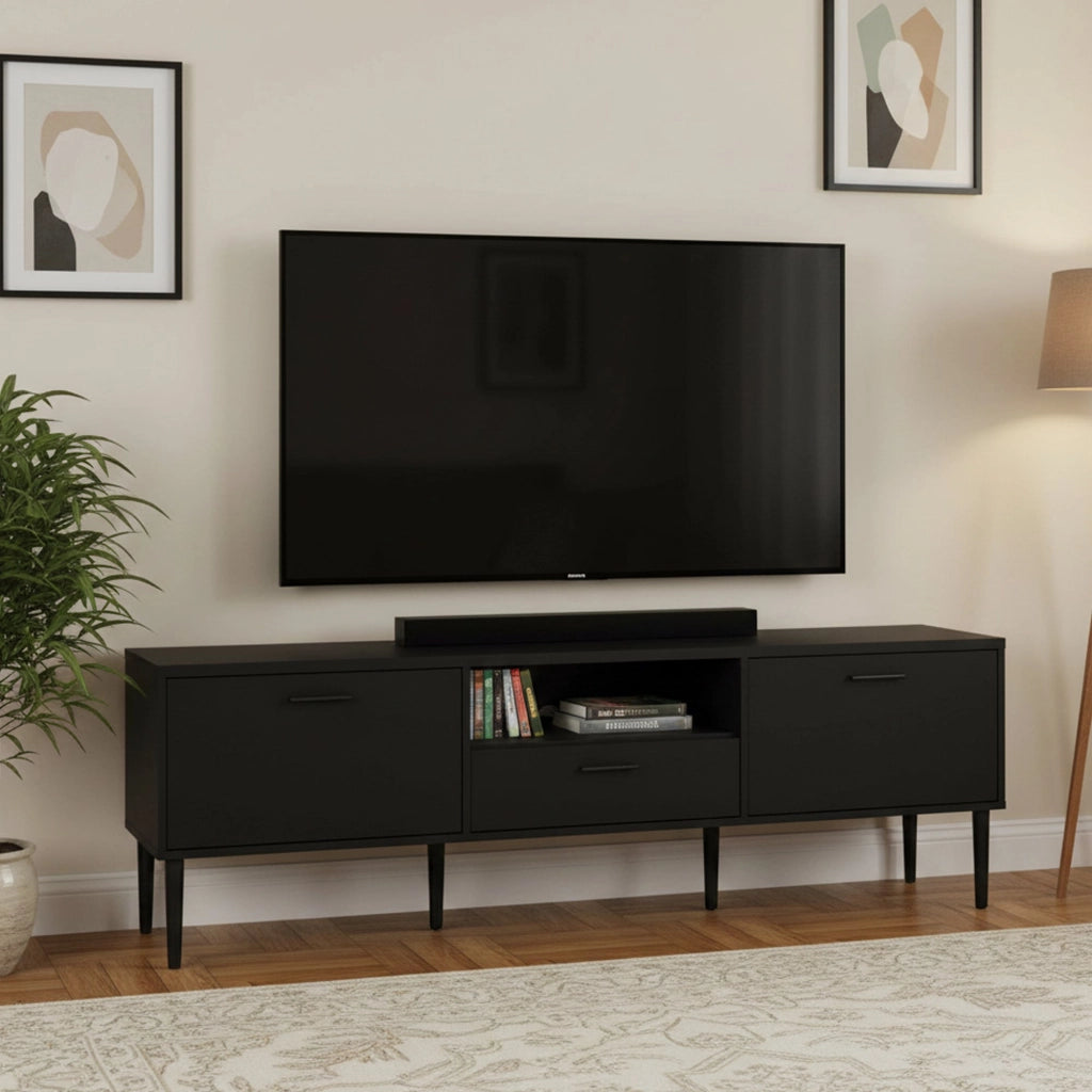 Mobile porta TV Anselme, Credenza da soggiorno, Armadio basso per TV, Base parete attrezzata, 177x40 h57 cm, Nero
