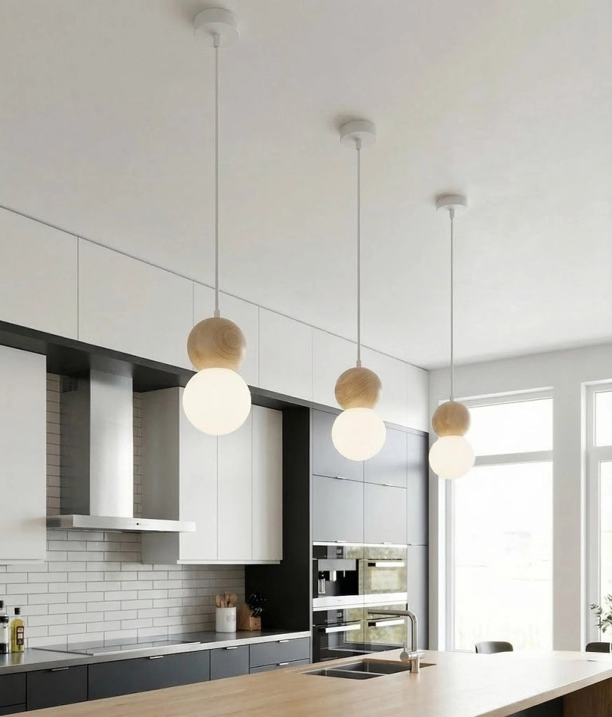 Lampada sospesa LOOP bianca beige legno vetro 1xG9 Emibig