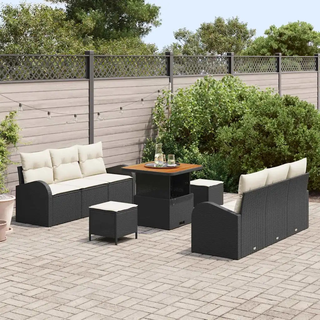 Set Divano da Giardino con cuscino 9 pcs Nero polyrattan