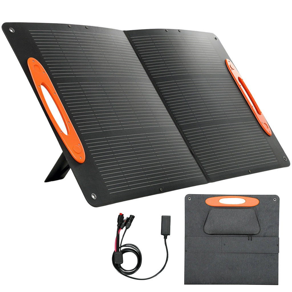 Caricabatteria Solare 100W Pieghevole con Attacco USB-A e USB-C per Ricarica Rapida, IP67, Nero