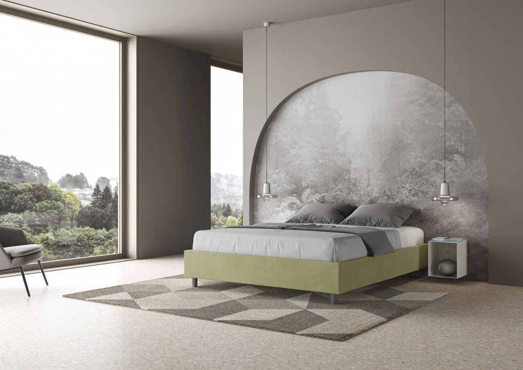 BS COM Letto matrimoniale francese contenitore imbottito 140x190 microfibra tè verde