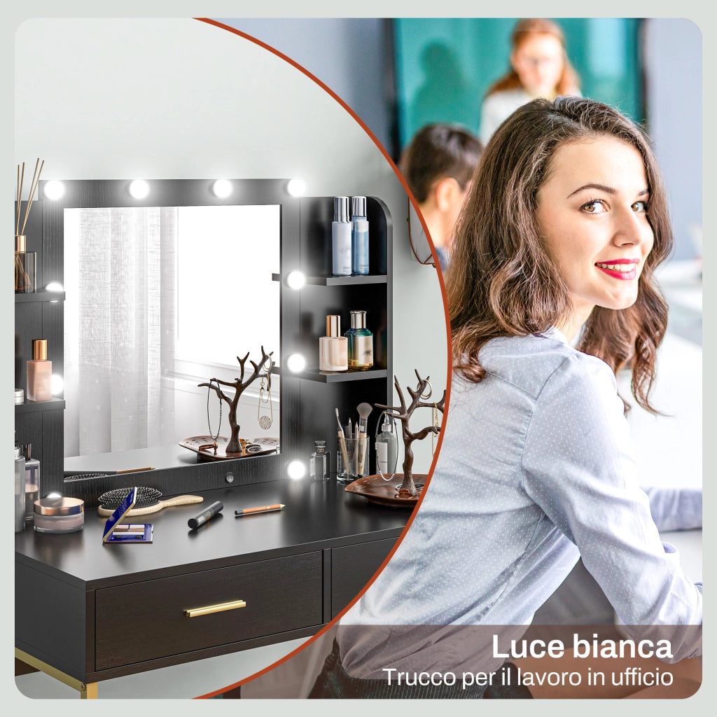 Toeletta con Specchio LED e Sgabello ¨C Xylo ¨C 10 Lampadine, 2 Cassetti, Nero