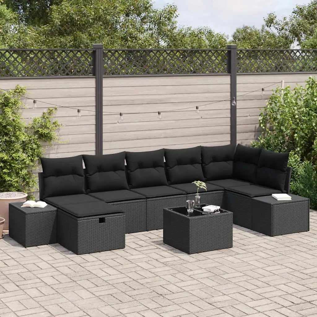 Set Divano da Giardino con cuscino 8 pcs Nero polyrattan