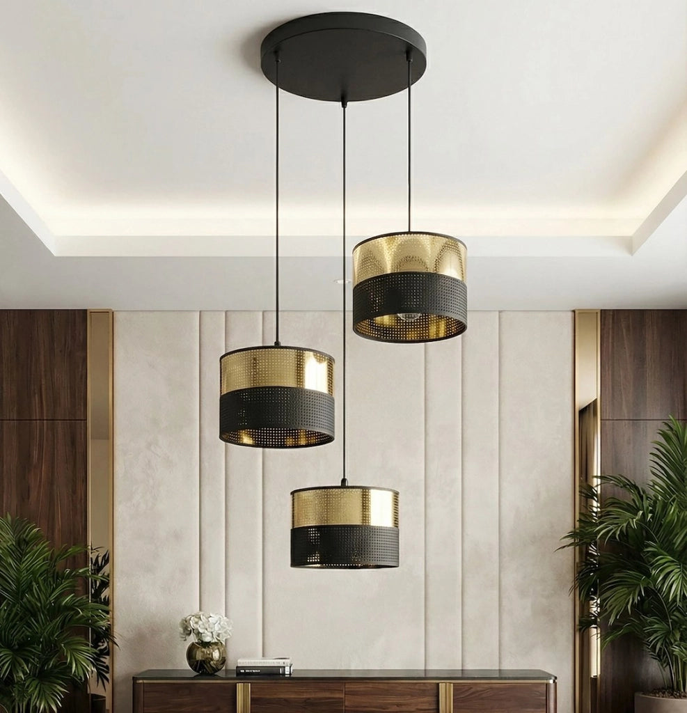 Lampada a sospensione LUX 3xE27 nera oro traforata Emibig