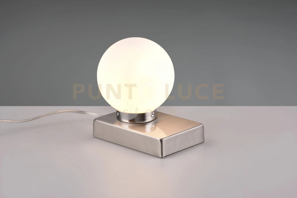DAVI II LAMPADA DA TAVOLO ACCIAIO SFERA VETRO BIANCO  H.15CM 1 LUCE ATTACCO E14
