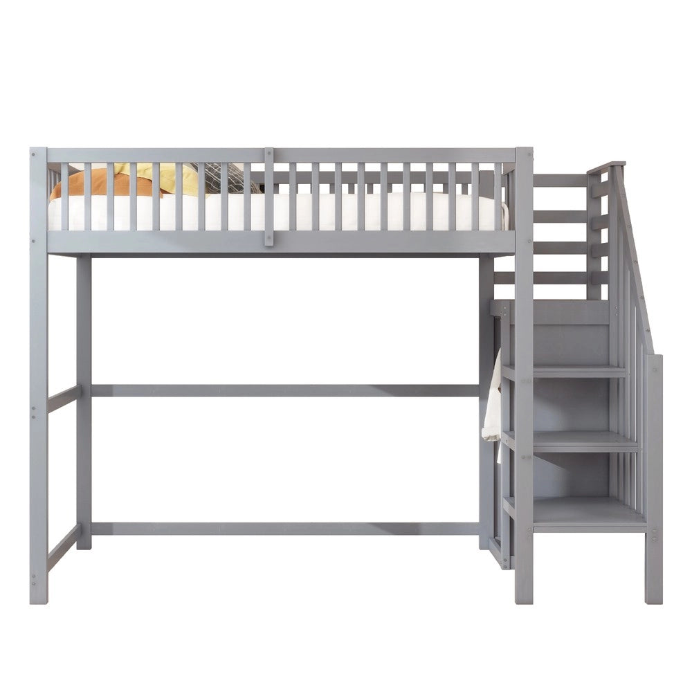 Letto a Soppalco con Scala e Armadio ¨C MINIMAL ¨C Legno Grigio 90x200