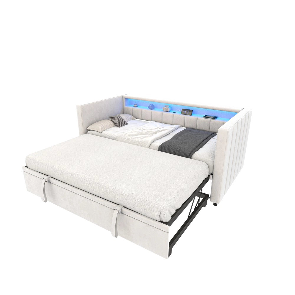 Divano Letto Contenitore 90x190 ¨C MINIMAL ¨C Velluto Beige, LED, USB