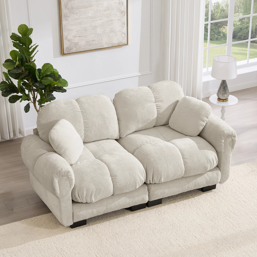 Divano dritto 2 posti modulare con cuscini trapuntati e cuscino lombare in Chenille, Beige chiaro