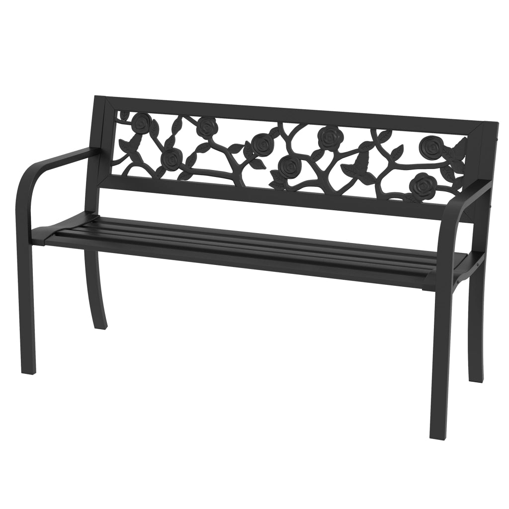 Panchina da Giardino 2 Posti ¨C Xylo ¨C Acciaio Nero con Schienale Decorato e Braccioli 127x50x75cm