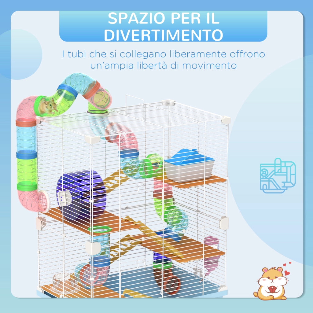 Gabbia per Criceti 5 Livelli ¨C Xylo ¨C Con Tubi, Ruota, Scale e Casetta, 46x30x58 cm