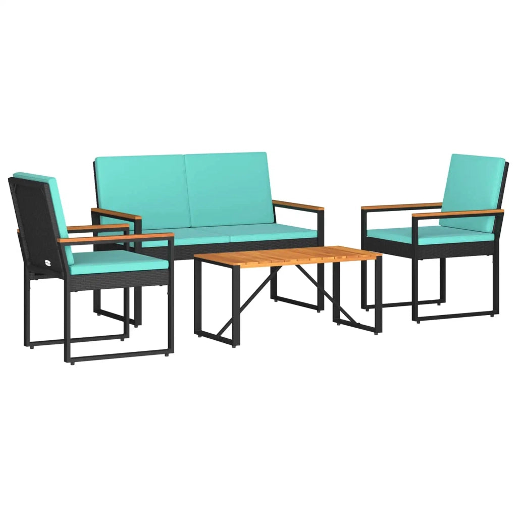 Set Mobili da Esterno 4 pz | Set Salotto da Giardino Nero e Turchese polyrattan