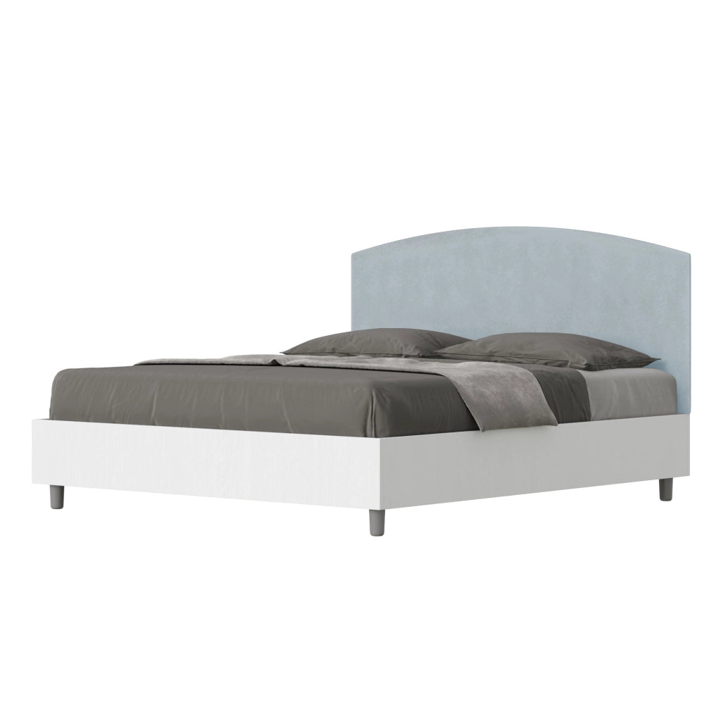 BS COM Letto matrimoniale senza rete 160x200 bianco frassino testata microfibra azzurro