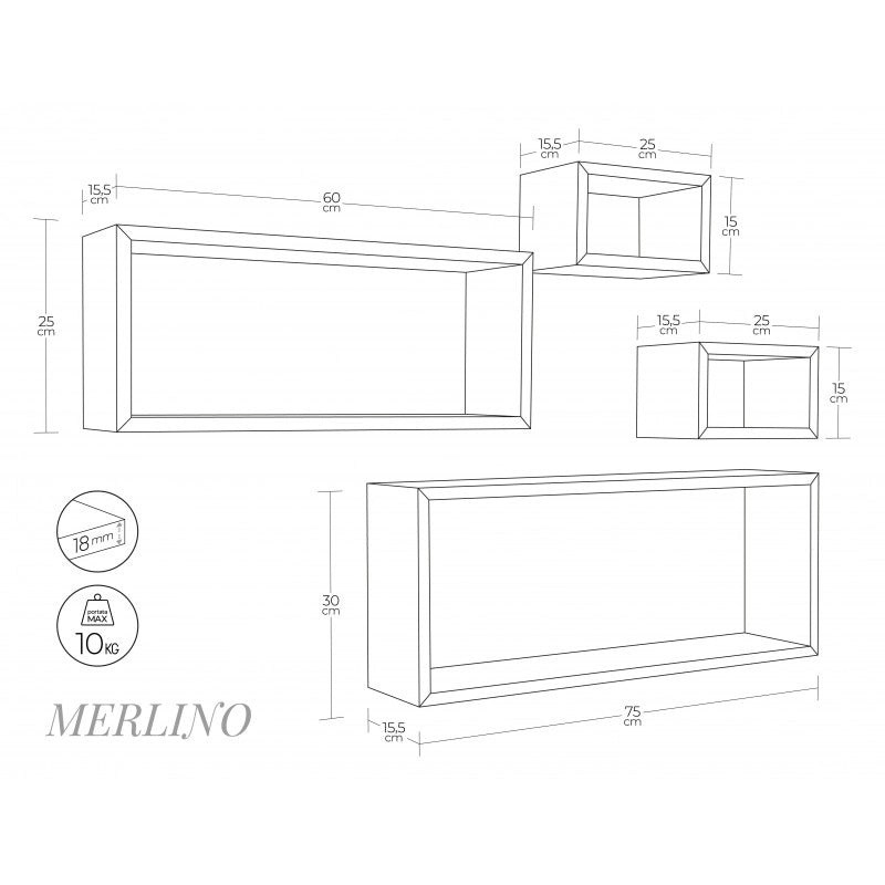 Set 4 Mensole da Muro, Pensile Bagno, Mensola Parete, Scaffale Parete, Arancione, 75x30 p15,5 cm, 60x25 p15,5 cm e 2 da 25x15 p15,5 cm - Merlino