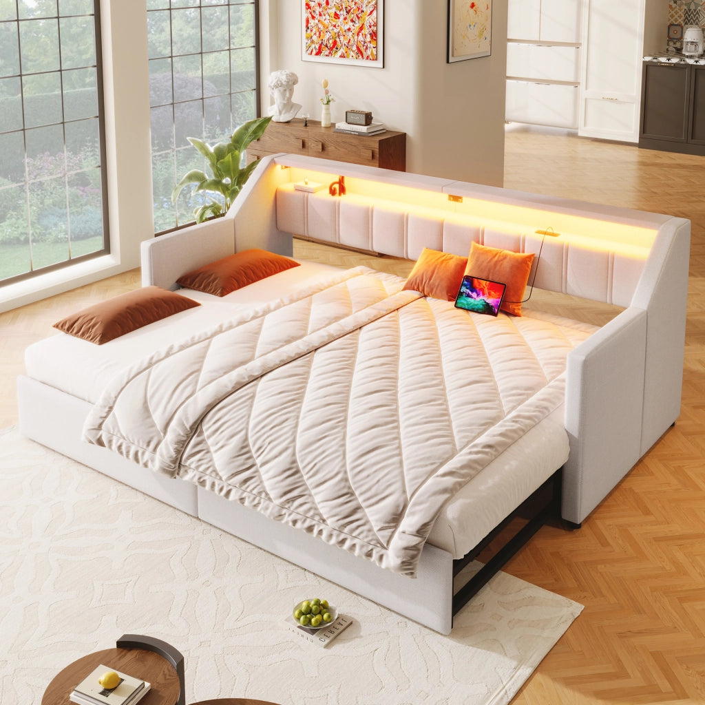 Daybed 90 x 200 cm con USB, Type-C, LED e 2 cassetti, beige
