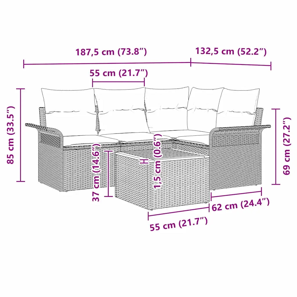 Set Divano da Giardino con cuscino 5 pcs Beige polyrattan 3347323
