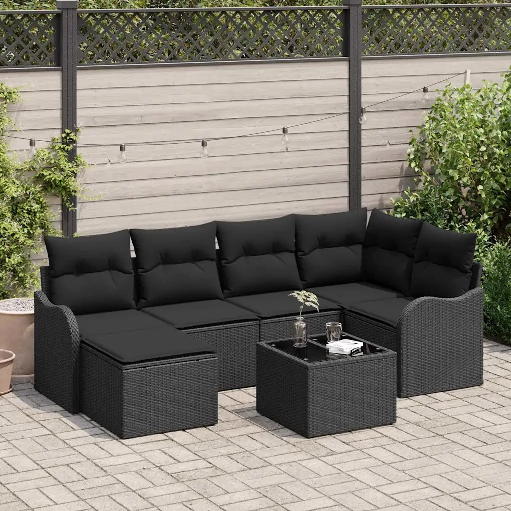 Set Divano da Giardino con cuscino 7 pcs Nero Poly Rattan