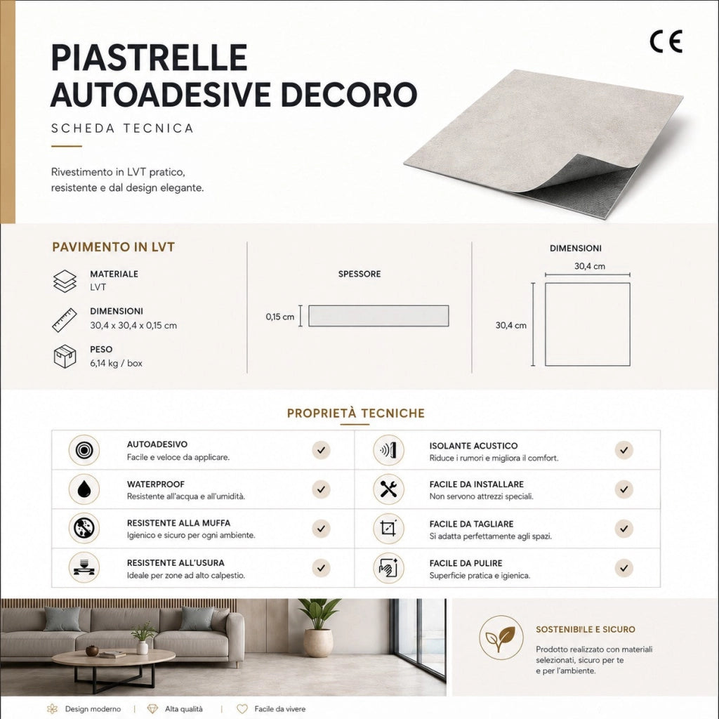 Piastrelle Autoadesive PVC Divina Home Effetto Marmo Grigio, Set 22 Pz per 2 mq, Spessore 0,15 cm, 30,4x30,4 cm - Design Moderno e Versatile