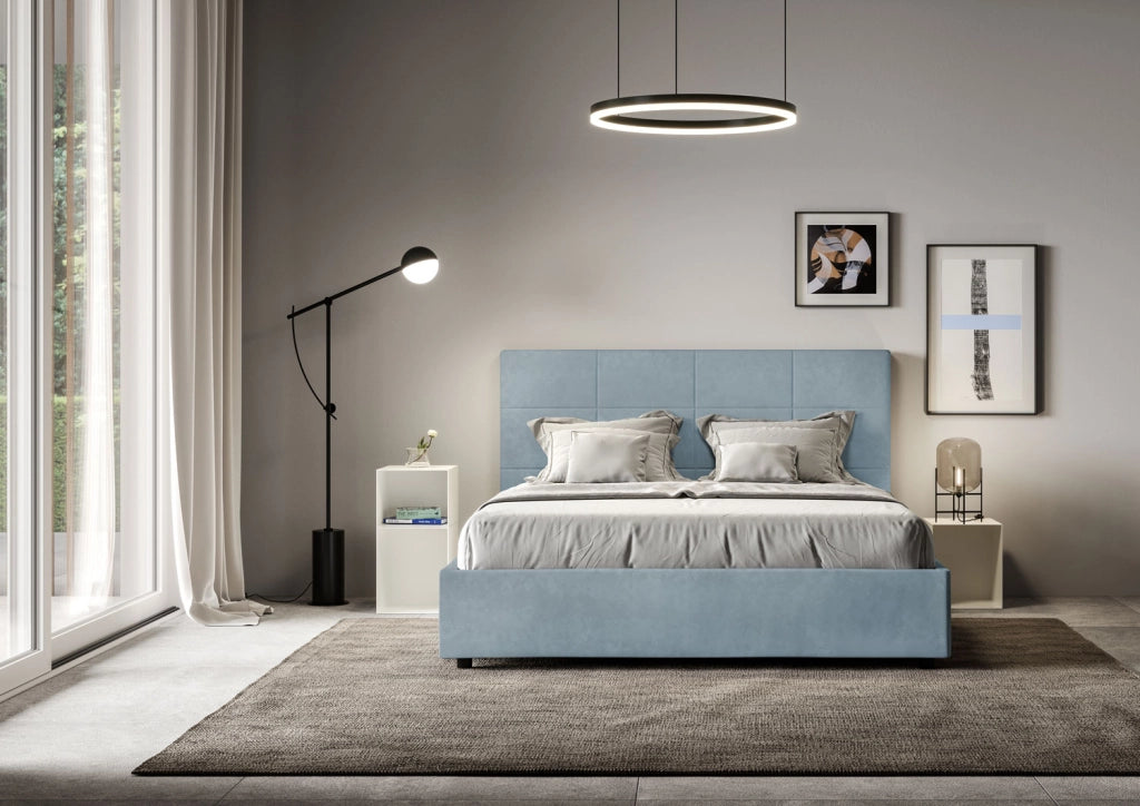 BS COM Letto matrimoniale senza rete imbottito 160x190 microfibra azzurro