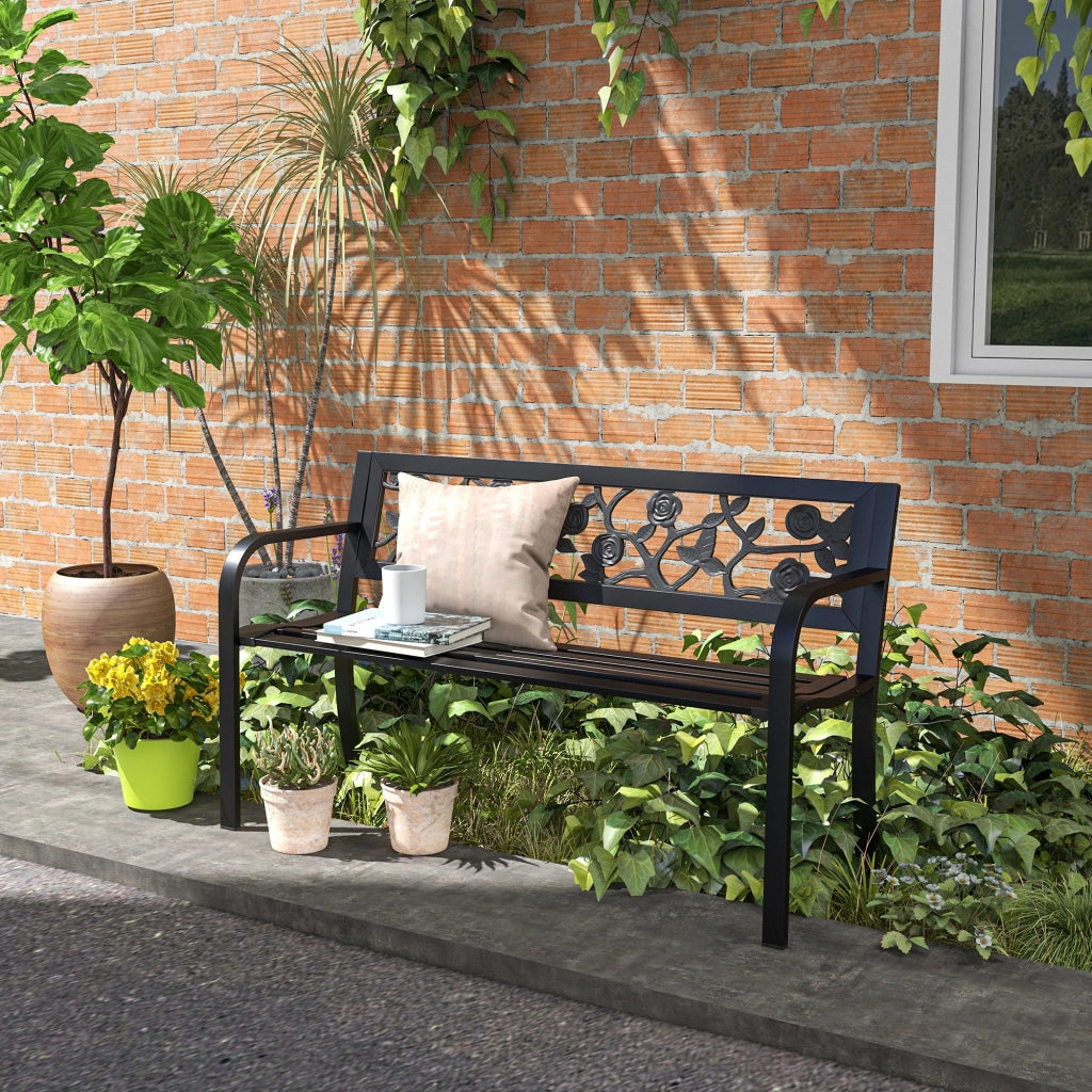 Panchina da Giardino 2 Posti ¨C Xylo ¨C Acciaio Nero con Schienale Decorato e Braccioli 127x50x75cm