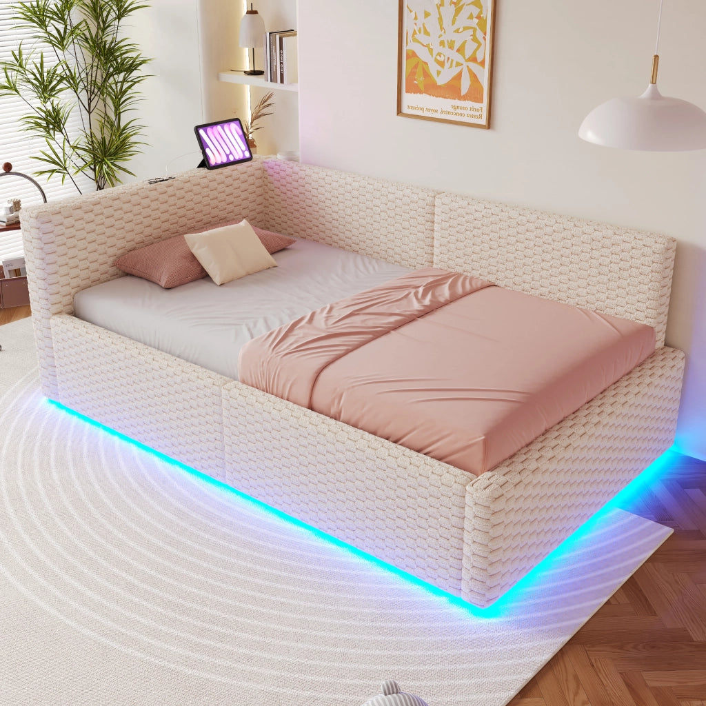 Letto con testata illuminata a led in velluto beige 90x200 cm