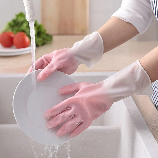 3 paia guanti riutilizzabili, resistenti e sostenibili con maniche lunghe in PVC-vinyl, taglia L, per uso domestico.