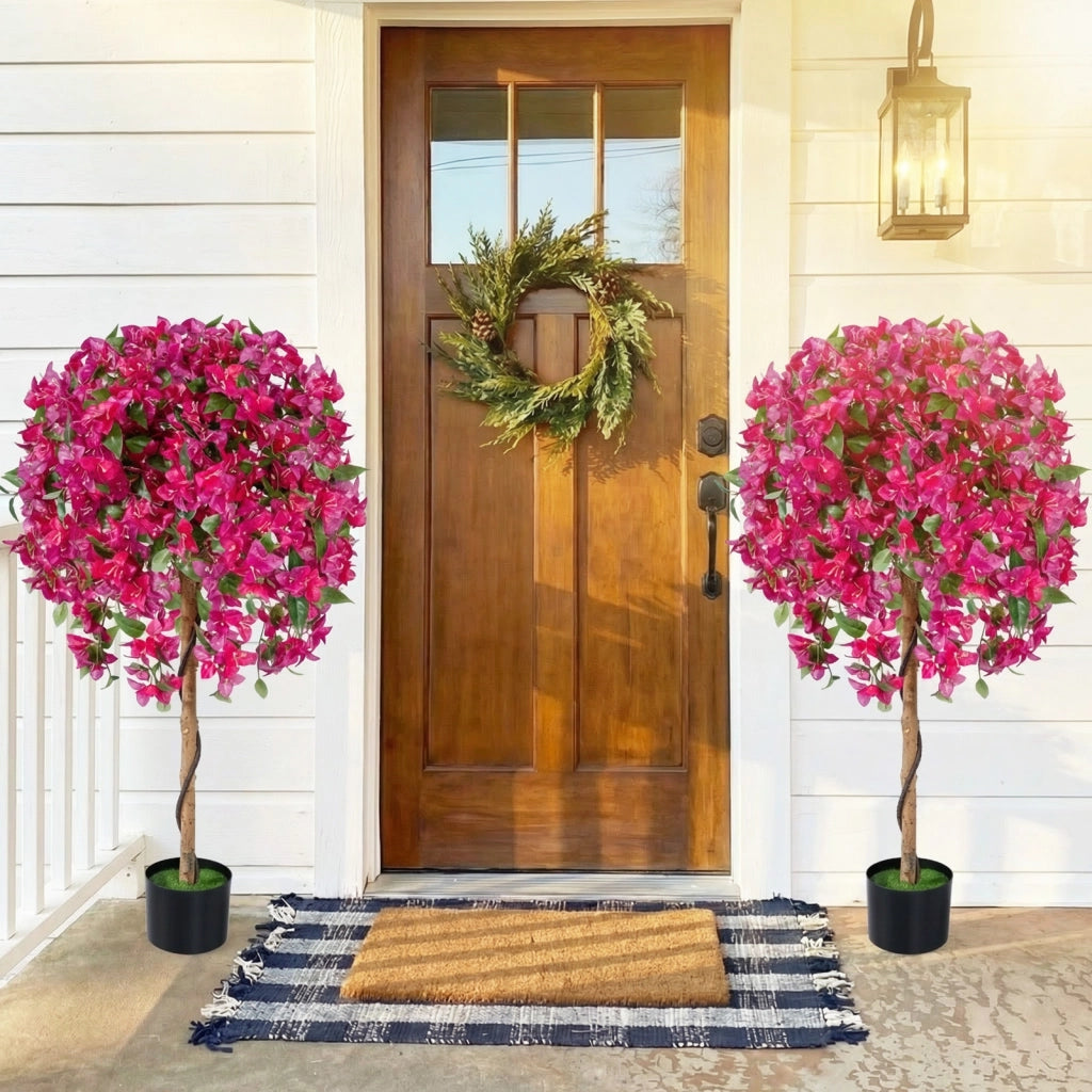 2 Albero di azalea artificiale da 135cm con 576 fiori 288 foglie tronco in legno, Albero floreale in vaso Rosso