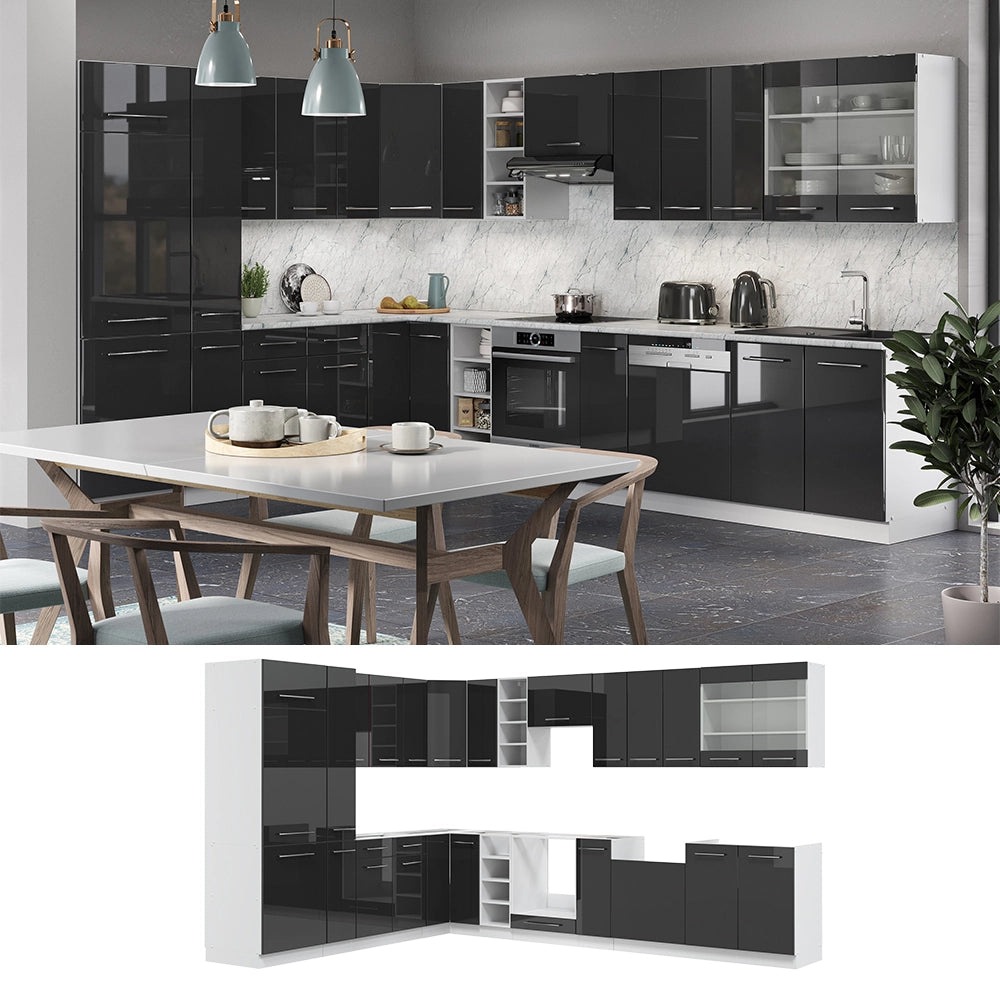 Cucina angolare completa Fame-Line Antracite lucido/Bianco 347 x 46 cm senza piano di lavoro Vicco