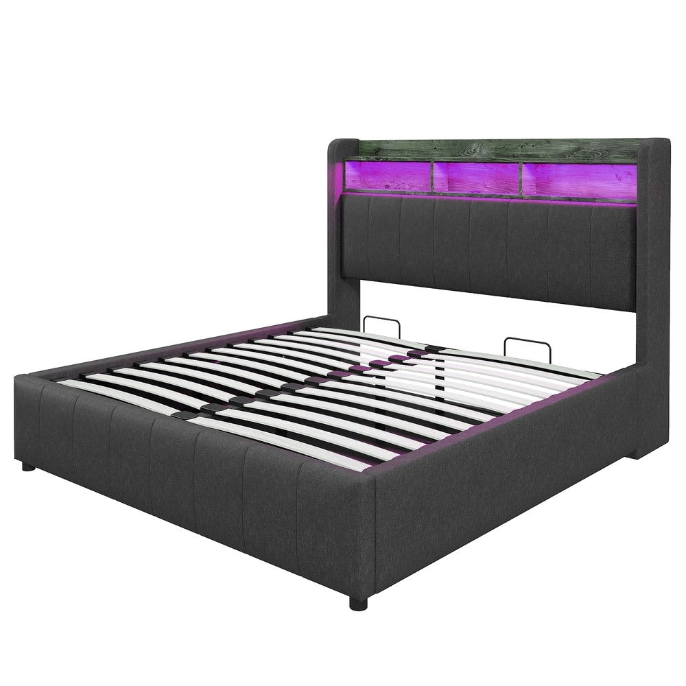 Letto Imbottito Contenitore con LED e USB ¨C MINIMAL ¨C Tessuto Grigio 160x200