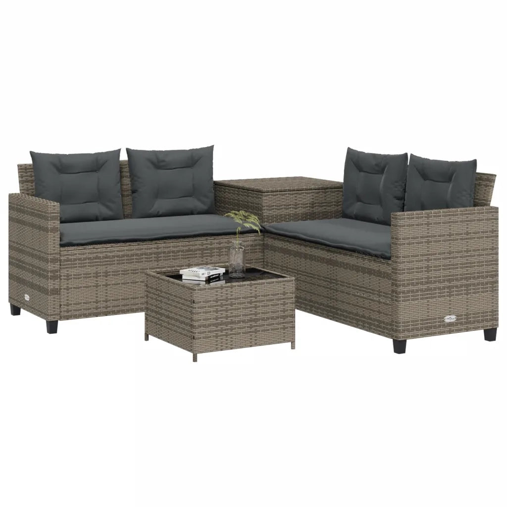 Divano da Giardino con Tavolo e Cuscini a L Grigio Polyrattan 369029
