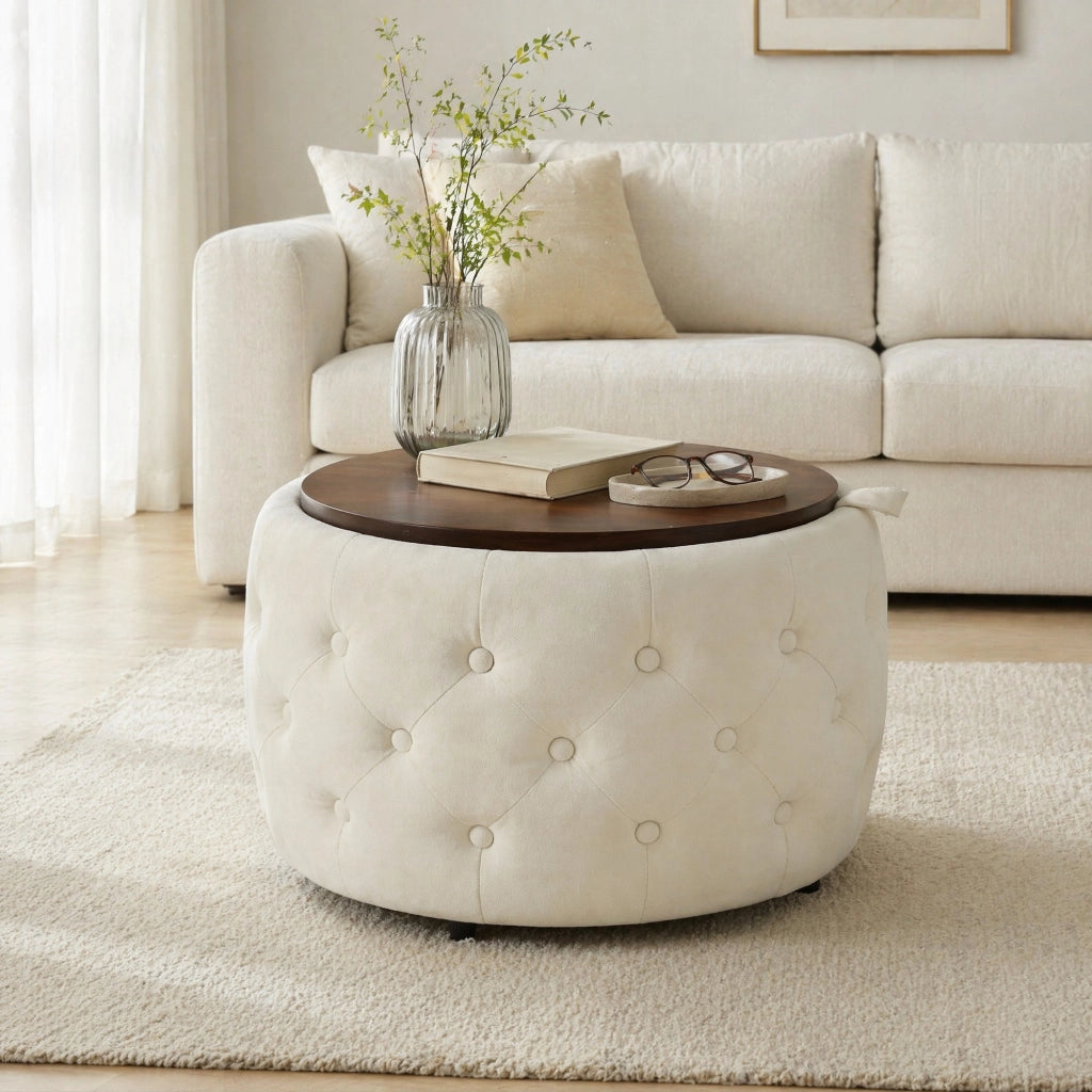 Pouf contenitore 2 pezzi con vassoio rimovibile in velluto Beige 59.6 × 59.6 × 38 cm