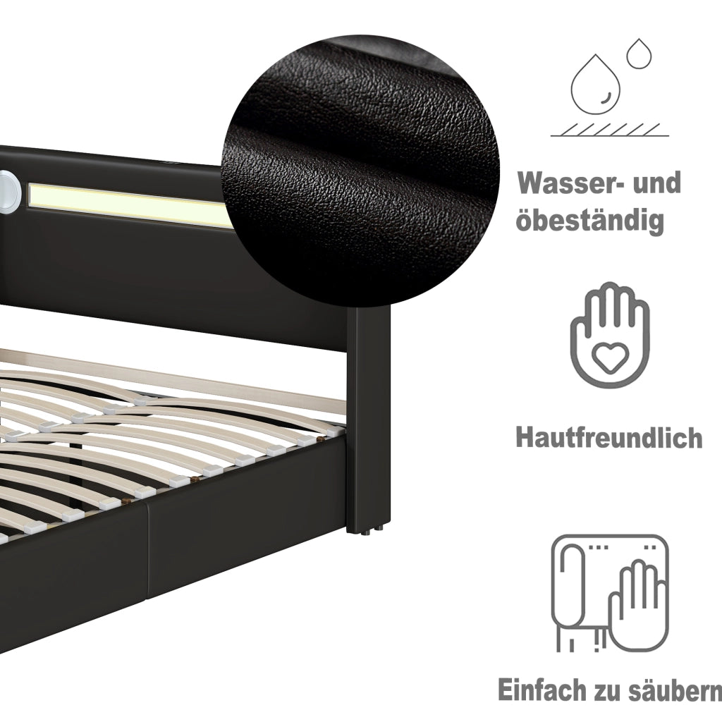 LETTO Bambini 90x200 cm in PU Nero con LED, Bluetooth e USB